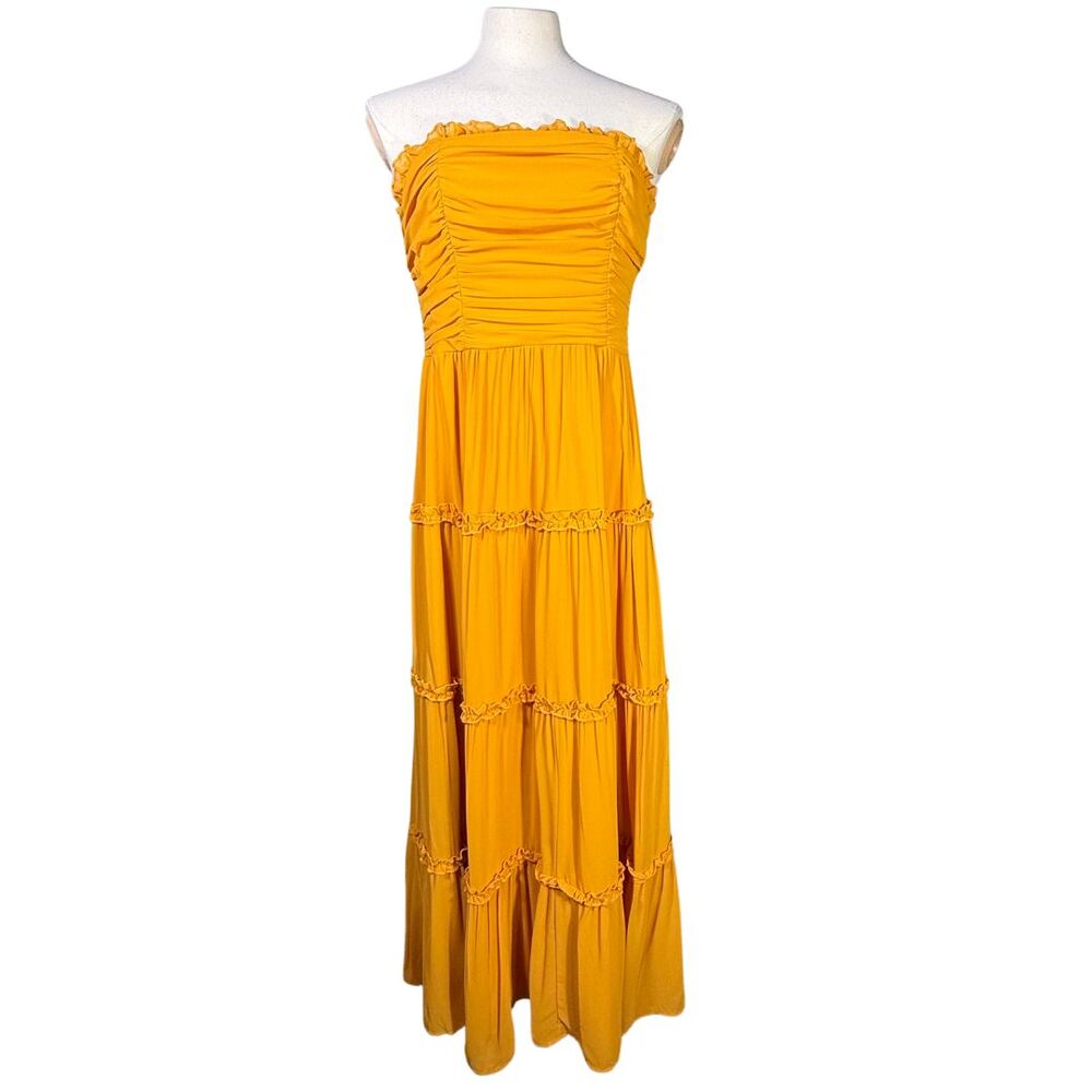 Lulus Extraordinary Aura Marigold Yellow Ruched Tiered Maxi Dress Sz L